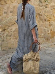 Long Sleeve V Neck Linen Cotton Loose Striped Long Maxi Dress