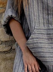 Long Sleeve V Neck Linen Cotton Loose Striped Long Maxi Dress