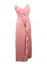 Pink Spaghetti Strap Backless High Slit Evening Dress