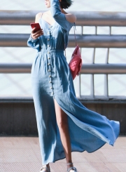 Blue Off Shoulder Spaghetti Strap Elastic Waist Design Maxi Dress