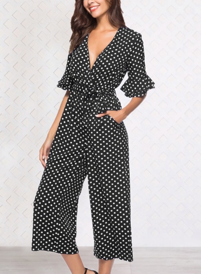 Black V Neck Half Sleeve Wide Leg Polka Dot Jumpsuit With Pockets YOUYOUFASHIONEC.com