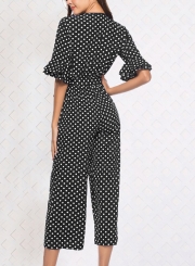 Black V Neck Half Sleeve Wide Leg Polka Dot Jumpsuit With Pockets