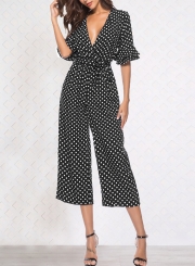 Black V Neck Half Sleeve Wide Leg Polka Dot Jumpsuit With Pockets