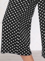 Black V Neck Half Sleeve Wide Leg Polka Dot Jumpsuit With Pockets
