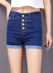 High Waist Single-Breasted Rolled-Up Denim Shorts With Pockets