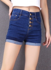 High Waist Single-Breasted Rolled-Up Denim Shorts With Pockets