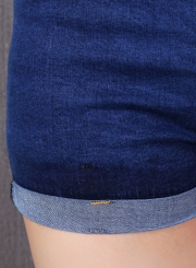 High Waist Single-Breasted Rolled-Up Denim Shorts With Pockets