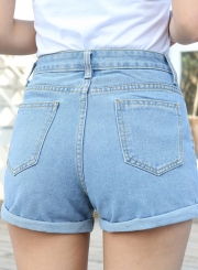 High Waist Wide Leg Rolled-Up Loose Denim Shorts With Pockets