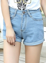 High Waist Wide Leg Rolled-Up Loose Denim Shorts With Pockets