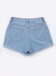 High Waist Wide Leg Rolled-Up Loose Denim Shorts With Pockets