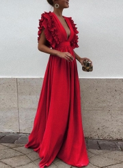 Red V Neck Flying Sleeve Elastic Waist Maxi party Dress