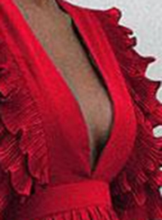 Red V Neck Flying Sleeve Elastic Waist Maxi party Dress