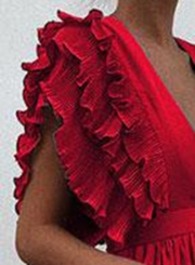 Red V Neck Flying Sleeve Elastic Waist Maxi party Dress
