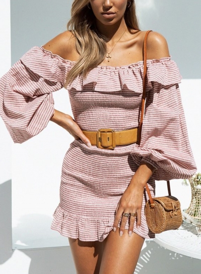 Pink Striped Off Shoulder Lantern Sleeve High Waist Ruffle Bodycon Mini Dress YOUYOUFASHIONEC.com