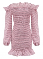 Pink Striped Off Shoulder Lantern Sleeve High Waist Ruffle Bodycon Mini Dress