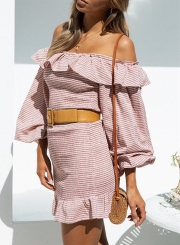 Pink Striped Off Shoulder Lantern Sleeve High Waist Ruffle Bodycon Mini Dress