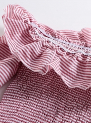 Pink Striped Off Shoulder Lantern Sleeve High Waist Ruffle Bodycon Mini Dress