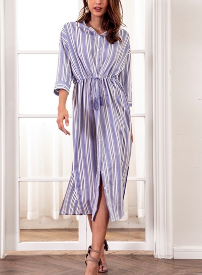 Blue Striped Turn-Down Collar Half Sleeve Button Down Dress With Drawstring