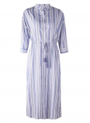 Blue Striped Turn-Down Collar Half Sleeve Button Down Dress With Drawstring