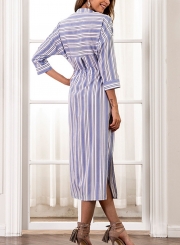 Blue Striped Turn-Down Collar Half Sleeve Button Down Dress With Drawstring