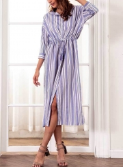 Blue Striped Turn-Down Collar Half Sleeve Button Down Dress With Drawstring