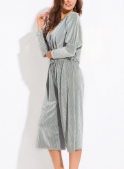 Grey V Neck Long Sleeve Elastic Waist Wide Leg Solid Color Velvet Jumpsuit