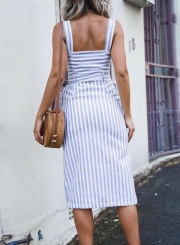 Blue&white Summer Striped Strappy Backless Waist Tie Button Down Dress With Pockets