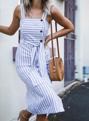 Blue&white Summer Striped Strappy Backless Waist Tie Button Down Dress With Pockets