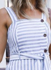 Blue&white Summer Striped Strappy Backless Waist Tie Button Down Dress With Pockets