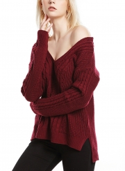 Burgundy Womne's V Neck Long Sleeve Loose Solid Color Pullover Sweater