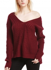 Burgundy Womne's V Neck Long Sleeve Loose Solid Color Pullover Sweater