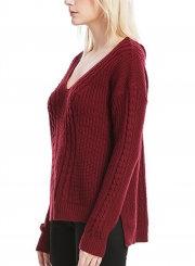 Burgundy Womne's V Neck Long Sleeve Loose Solid Color Pullover Sweater