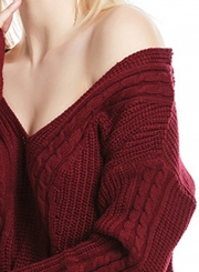 Burgundy Womne's V Neck Long Sleeve Loose Solid Color Pullover Sweater