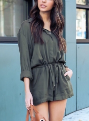 Green Casual Long Sleeve Turn-Down Collar Wide Leg Drawstring Romper