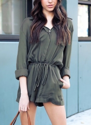 Green Casual Long Sleeve Turn-Down Collar Wide Leg Drawstring Romper