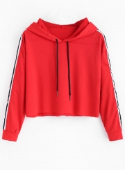 Red Casual Striped Long Sleeve Crop Top Loose Short Hoodie With Drawstring