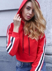 Red Casual Striped Long Sleeve Crop Top Loose Short Hoodie With Drawstring