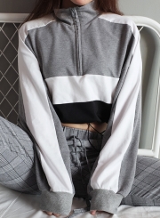 Grey Women's Hoodies Color Block Zipper Crop Long Sleeve Sweatshirt