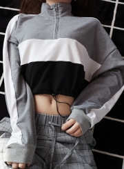 Grey Women's Hoodies Color Block Zipper Crop Long Sleeve Sweatshirt