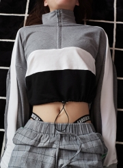 Grey Women's Hoodies Color Block Zipper Crop Long Sleeve Sweatshirt