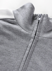 Grey Women's Hoodies Color Block Zipper Crop Long Sleeve Sweatshirt