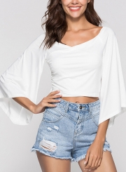 White Women's Off Shoulder Flare Sleeve Crop Top Loose Solid Color Tee