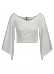 White Women's Off Shoulder Flare Sleeve Crop Top Loose Solid Color Tee