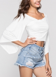 White Women's Off Shoulder Flare Sleeve Crop Top Loose Solid Color Tee