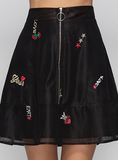 Black Summer Sexy Mesh Embroidered A-line Skirt With Zip