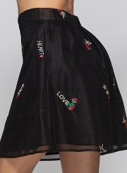 Black Summer Sexy Mesh Embroidered A-line Skirt With Zip