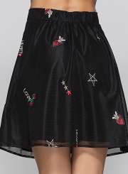 Black Summer Sexy Mesh Embroidered A-line Skirt With Zip