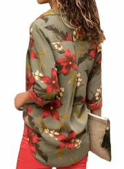 Army Green Women's Floral Print Long Sleeve Bow Tie Slim Button Down Shirt