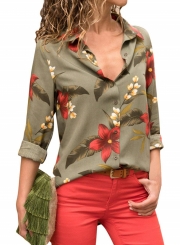 Army Green Women's Floral Print Long Sleeve Bow Tie Slim Button Down Shirt