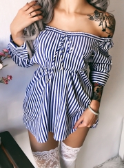 Blue Sexy Striped Off Shoulder Long Sleeve Loose Mini Dress